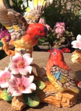 方亚比翼双飞红头山雀鸟陶瓷摆件礼品家饰品动玄关电视柜结婚饰品