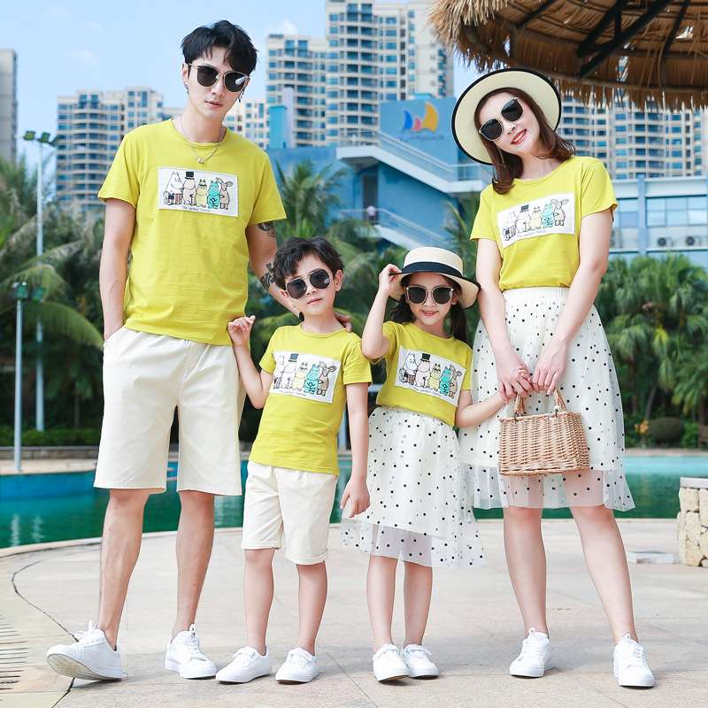 时尚亲子装夏装全家装一家三口四口网红套装母女装网纱裙子两件套