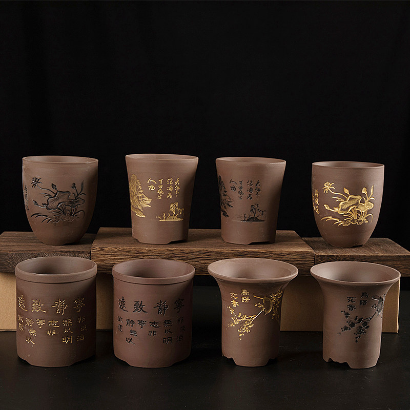 多肉花盆紫砂红陶手工陶瓷桌面圆形小号古典中国风手绘造型小高款