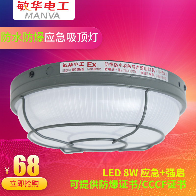 敏华电工防水防爆8W圆形消防应急三防吸顶井道壁灯IP65室外M3021