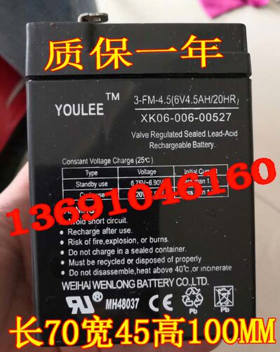 YOULEE蓄电池 3-FM-4.5 6V4.5AH电动儿童玩具车 儿童三轮车电瓶