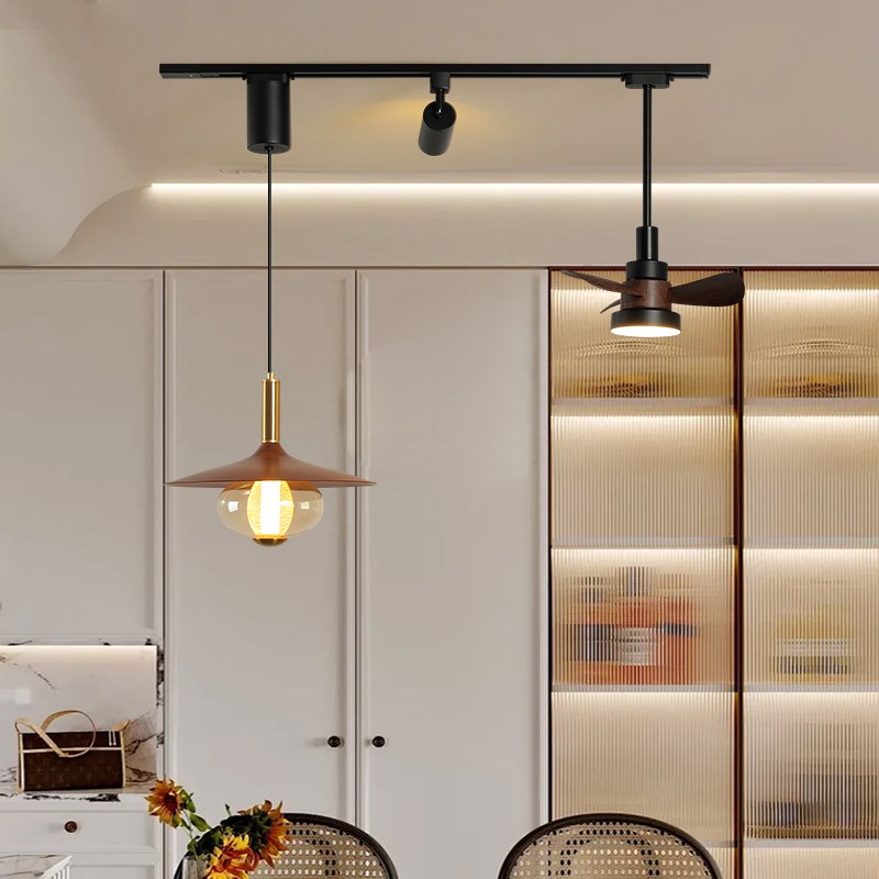 2025新款法式餐厅灯中古风升降可移带胡一字型风扇前台饭厅吊灯