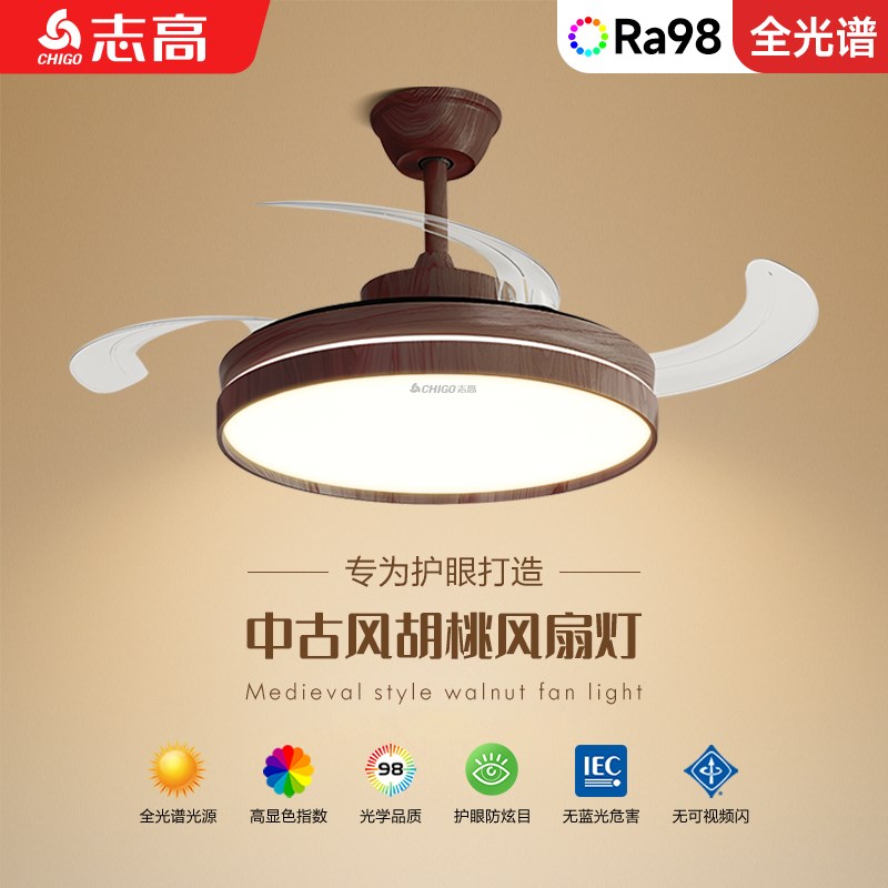 电风扇灯餐厅客厅卧室中古风儿童房2025年新款隐形照明一体吊扇灯
