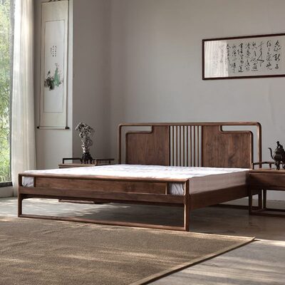 雅舍新中式双人床实木黑胡桃木现代简约主卧1.8米原木白蜡木大床