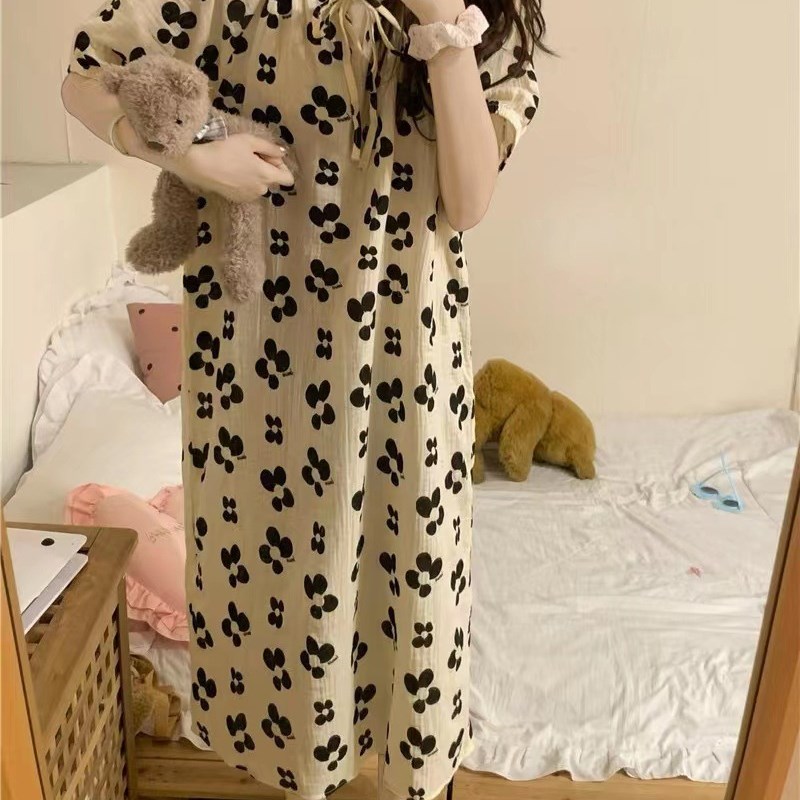 睡裙女夏季2023新款甜美蝴蝶结绑E带黑色花朵薄款短袖裙子家居服