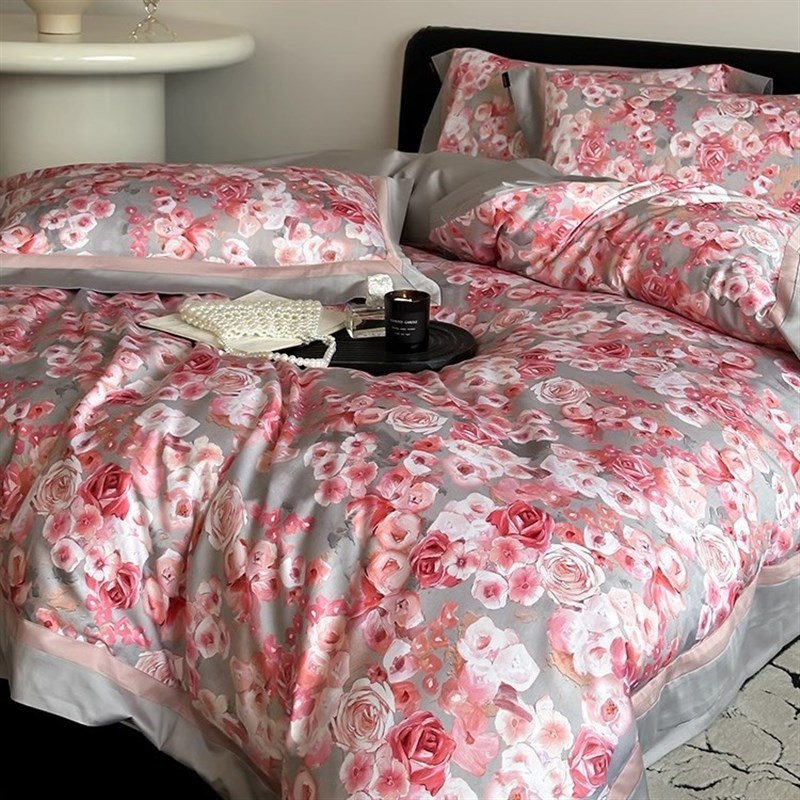 浪漫玫瑰数码印花100S长u绒棉四件套婚庆全棉结婚大红被套床单床