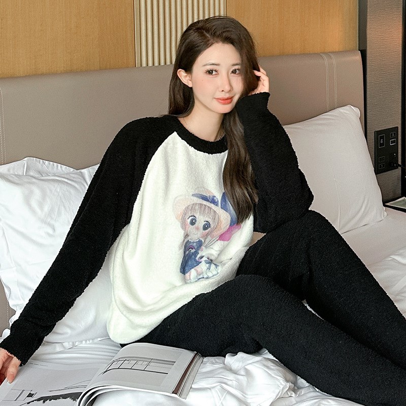 半边绒女士睡衣冬季新款s软糯宽松弹力保暖家居服可外穿休闲套装