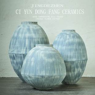 北欧复古陶瓷花瓶创意花器工业风陶罐落地花盆摆件软装样板间装饰