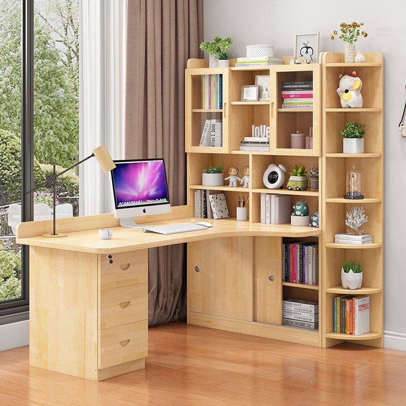 实木转角书桌书架组合卧室儿童学习写字桌简约台式办公电脑桌