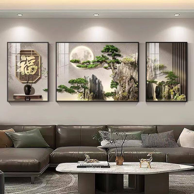 新中式中堂挂画中国风迎客松客厅装饰画禅意茶室背景墙壁画山水