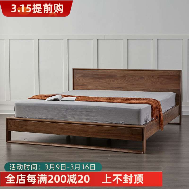 黑胡桃木床实木现代简约轻奢卧室1.8米双人床北欧2*2.2米大床婚床