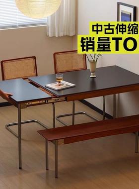 可伸缩岩板餐桌北欧日式小户型客厅家用实木可折叠长方形吃饭桌