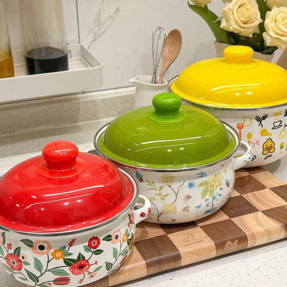 珐琅搪瓷三件套加厚双耳带盖汤锅妈辅食泡面锅平底汤锅搪瓷厨具
