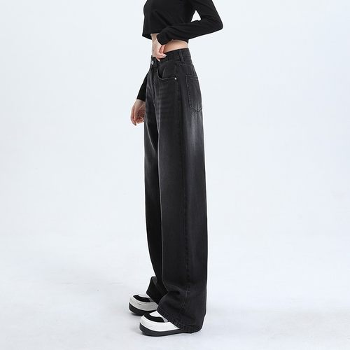 BWKA黑灰色腿加绒牛仔女裤W-N11039秋冬高腰宽松休闲直阔筒垂感显