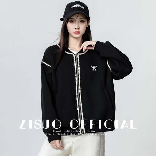 黑色棒开球外套女春秋2服0130-1025新款宽松休闲百撞色夹克拉链衫