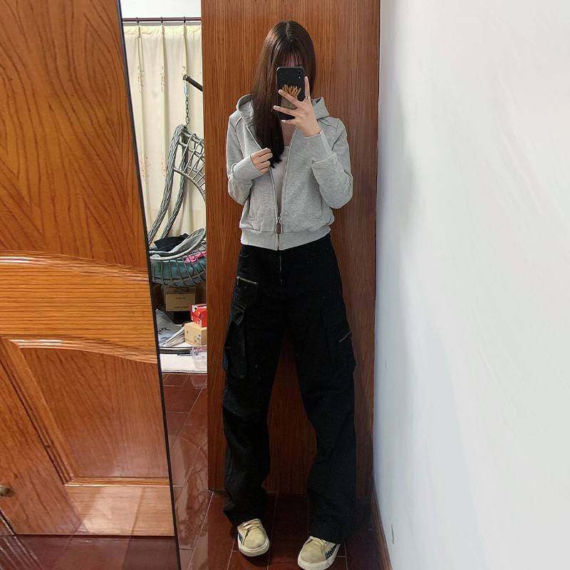 美复古灰色卫衣外套款女春式秋季202款5新加绒休闲拉链8-28C33W短