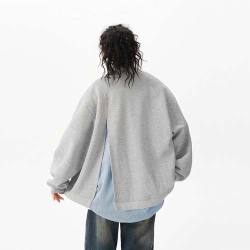 BWKA女美式条纹假两件开衫卫衣男2风024秋VIM懒季慵宽松休闲外套