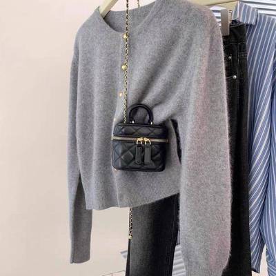 100%纯羊毛开衫女圆202领5春秋灰色针织2304毛衣瘦外套腰高显外搭