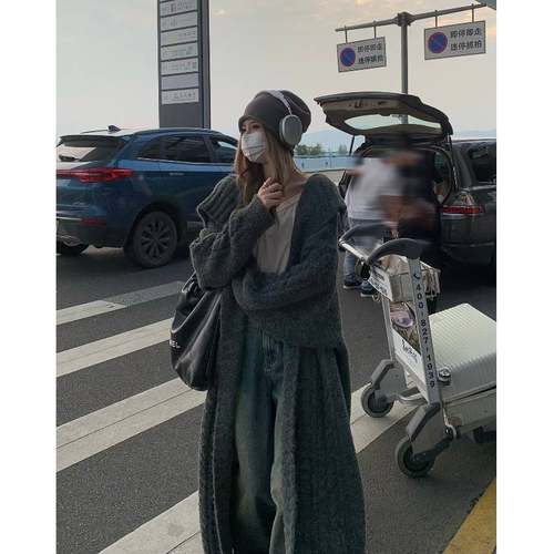 高级感灰长大衣开LLF88010衫女秋冬毛宽松慵懒风过膝气质软糯针色
