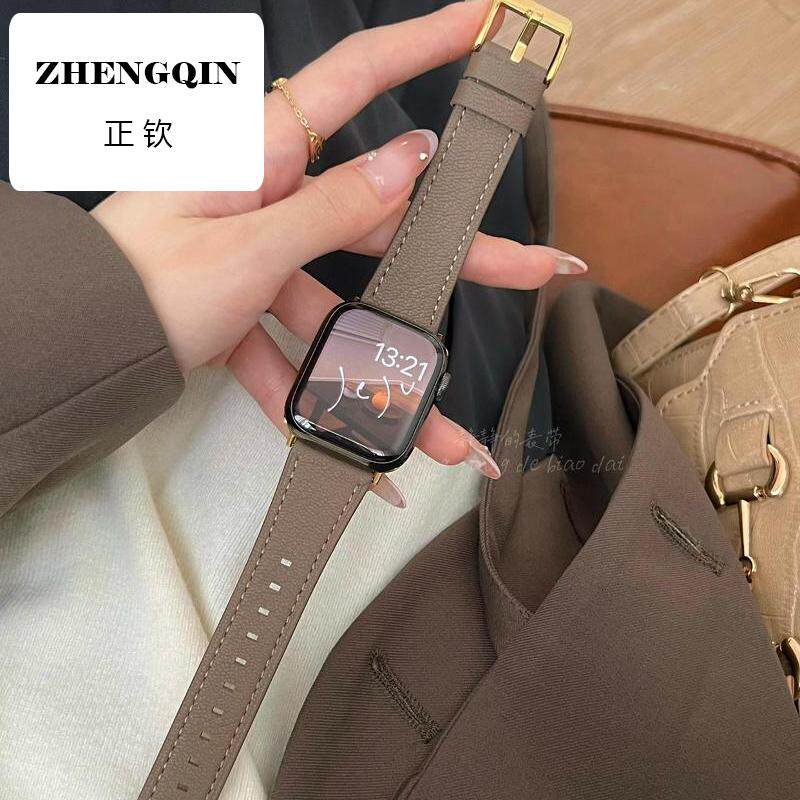 鱼子酱小羊皮适用苹果手表s9表带柔软皮质678代男女款通勤商务休