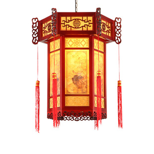 中式仿古实木宫灯复古别墅阳台大红灯笼古典茶楼会所祖屋羊皮吊灯