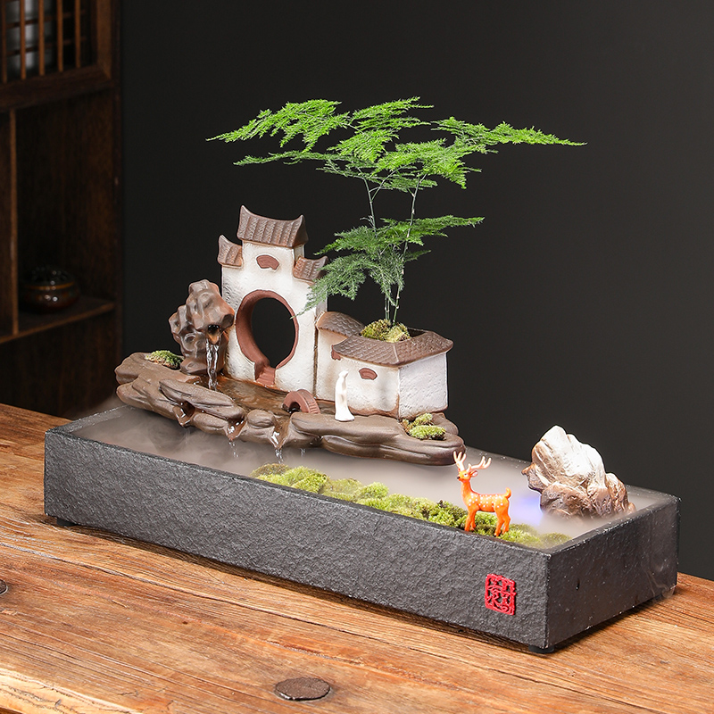 创意陶瓷流水鱼缸摆件办公u室桌面茶几装饰景观家居乔迁开业送礼