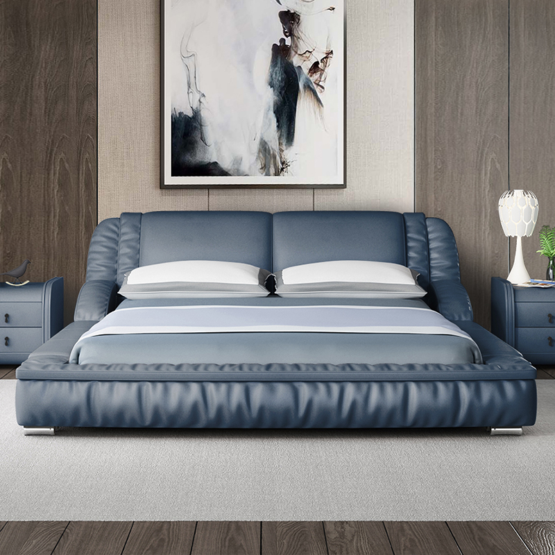 简约北欧头层皮艺床真p皮床主卧1.8米双人床婚床实木框架大气软床