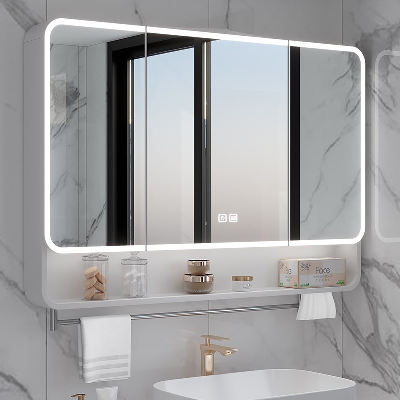 加厚太空铝圆弧型l浴室镜柜智能灯光储物柜卫生间美妆抽纸孔毛巾