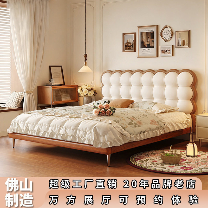 中古风实木饼干床小户型女孩泡芙软包床法式复古1.8米真皮主卧床