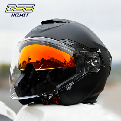 gsb263摩托车头盔男女黑色双镜片半盔女四季通用电动车四分之三盔