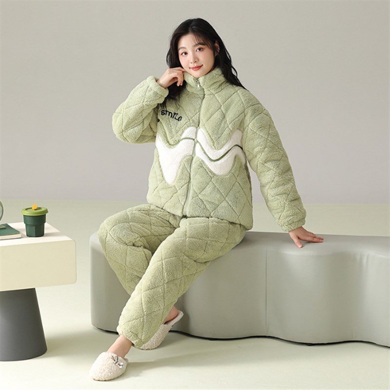 睡衣女冬季三层夹棉加绒r加厚法兰绒拉链保暖可外穿家居服套装卡
