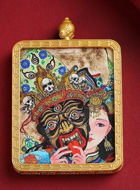 唐卡吊坠扎基拉j姆五爷绿度母藏式唐卡方形金色吊坠多种图案可选