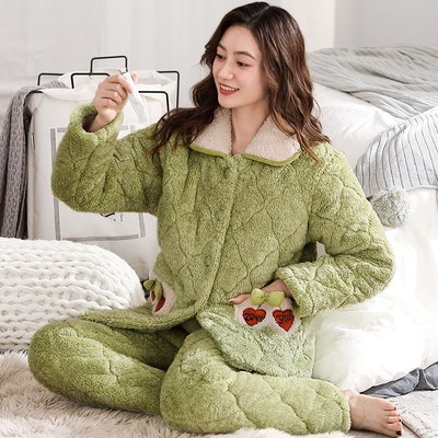 珊瑚绒三a层夹棉睡衣女冬天加厚加绒冬季可外穿中年妈妈保暖家居