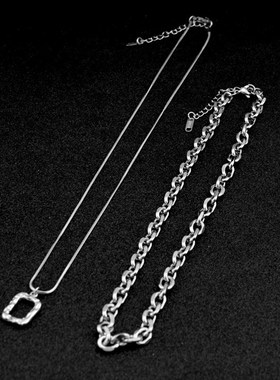 不锈钢项链 爆款新发小方v框吊坠项链 相框粗链叠戴两层锁骨链