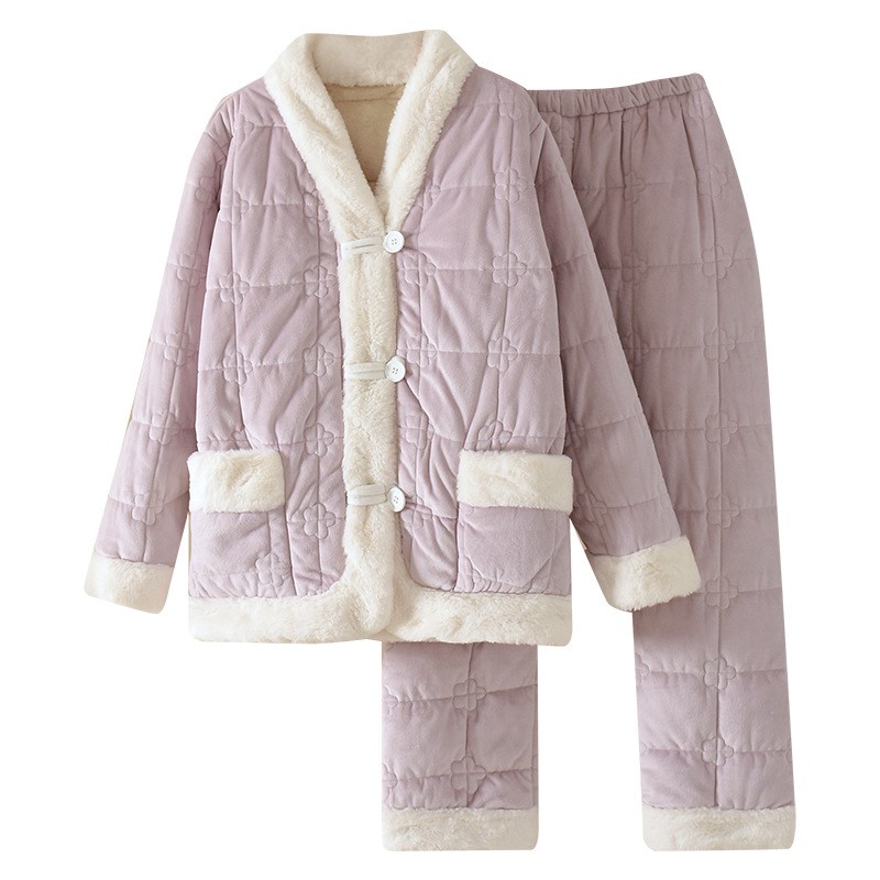 睡衣女士冬款三层夹棉加厚冬季保A暖珊瑚绒家居服可外穿套装淡紫