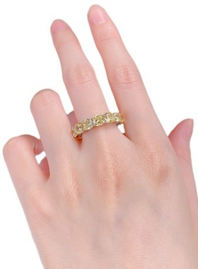 珠宝S925银肥n方5*5mm黄钻排钻戒指叠戴钻戒指女ins风戒指环