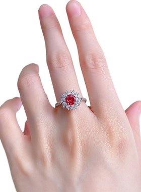 珠宝直播新品S925银镶嵌6.0mm鸽血红P满钻戒指环女时尚通勤