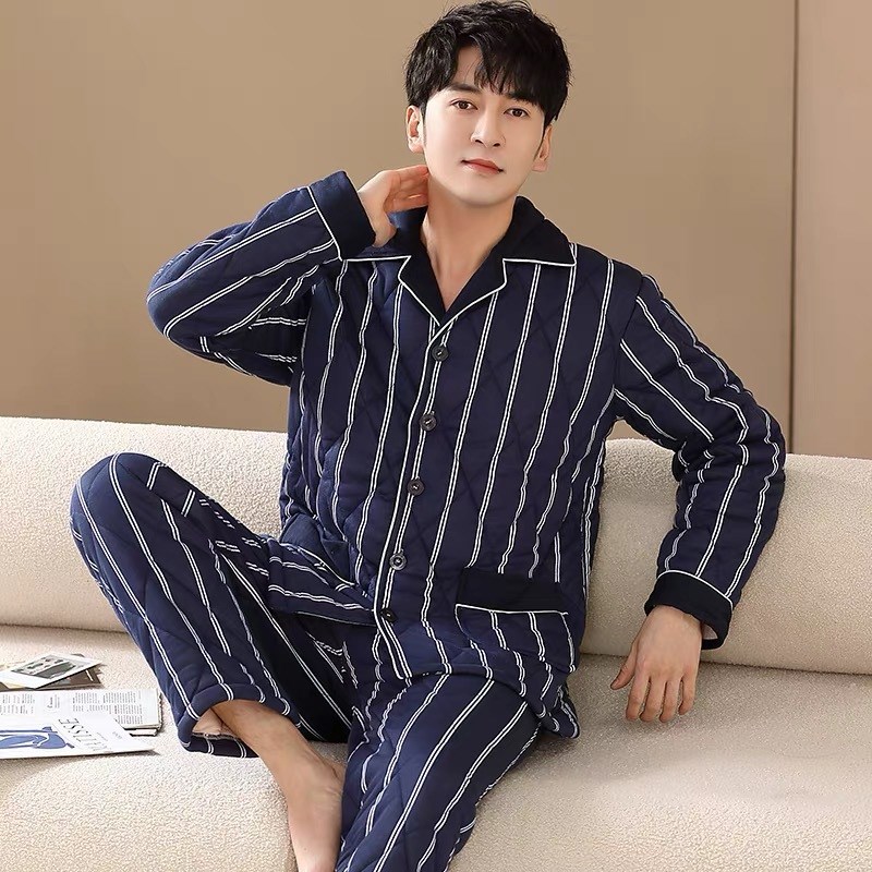 100%纯棉睡衣男士q秋冬款冬季冬天三层加厚夹棉家居服男式保暖