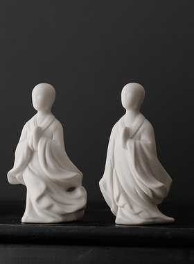 新中式禅意白瓷人物小和尚鱼缸盆景造景景观陶P瓷无相佛装饰品摆