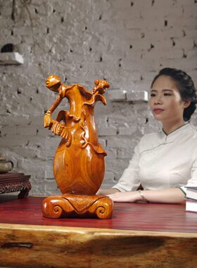 花梨木雕平安如意花瓶摆件家居客厅电视柜装饰工艺品乔迁新居礼品