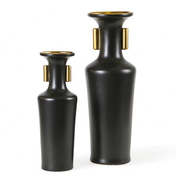 环球家居禅意粗陶金色耳朵黑色陶瓷花瓶样板间客厅装饰品花器摆件