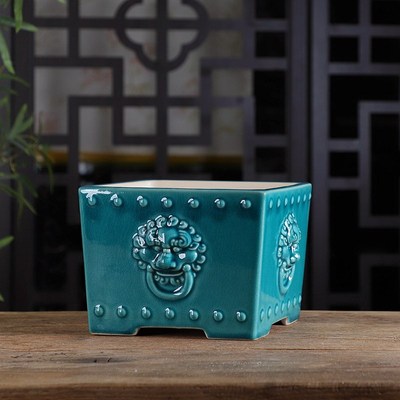 自在屋精选 精品手工釉盆 兽面大正方 盆景绿植盆栽花卉室内桌面