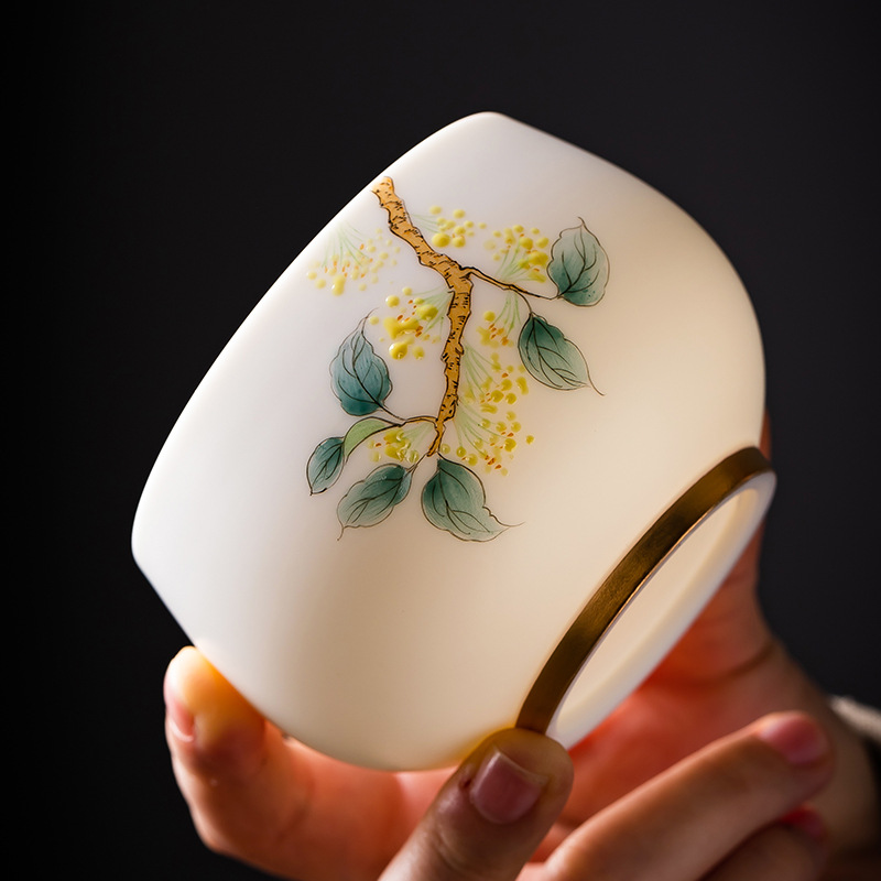 手绘十二花神杯描金羊脂玉瓷主人品茗杯大号陶瓷茶杯茶具批发