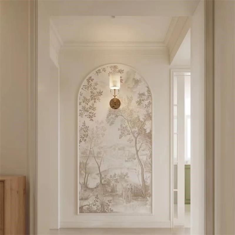法式复古轻奢石膏线玄关墙纸卧室床头背景酒店植物森林奶油风壁纸