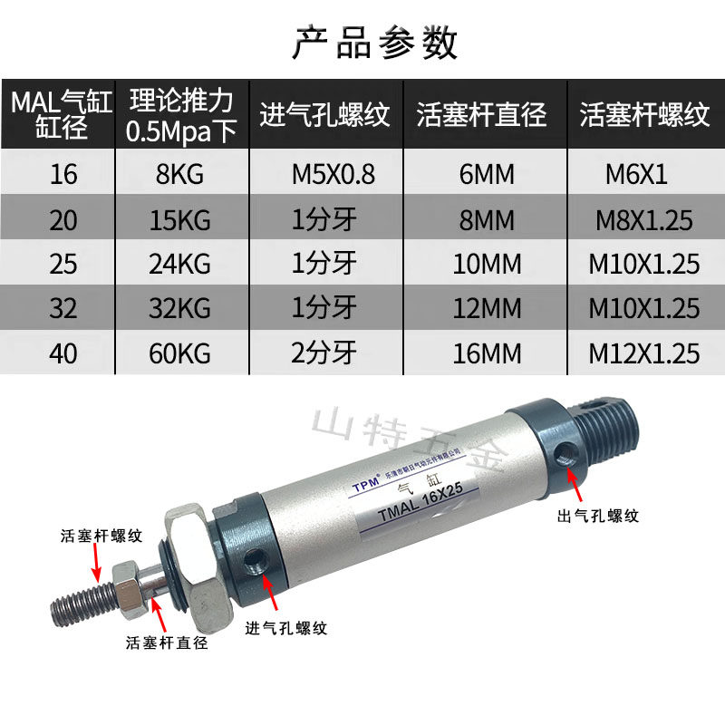 朝日缸径40铝合金迷你气缸MAL40*25 100 125 175 200气动亚德客型