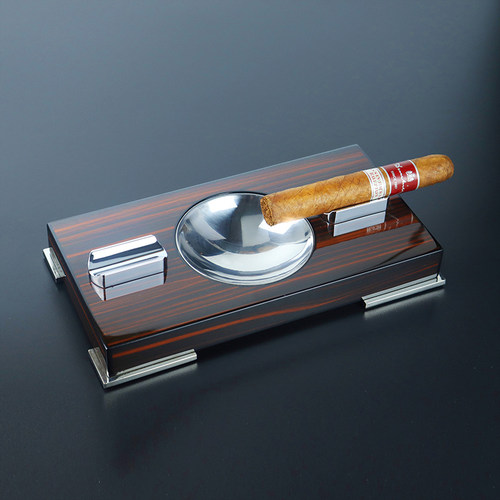雪茄烟灰缸高档实木钢琴烤漆便携式雪茄烟缸金属双烟槽灭烟器