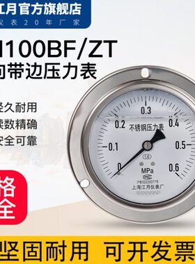 上海江月YN100BF/ZT不锈钢轴向带边抗震耐震0-60mpa水压液压力表