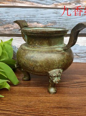 纯铜老包浆香炉官帽耳铜制三足长颈圆缸仿古大明宣德底款熏香摆件