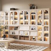 奶油风实木书柜去客厅化一体整墙书柜玻璃带门储物定制满墙展示柜