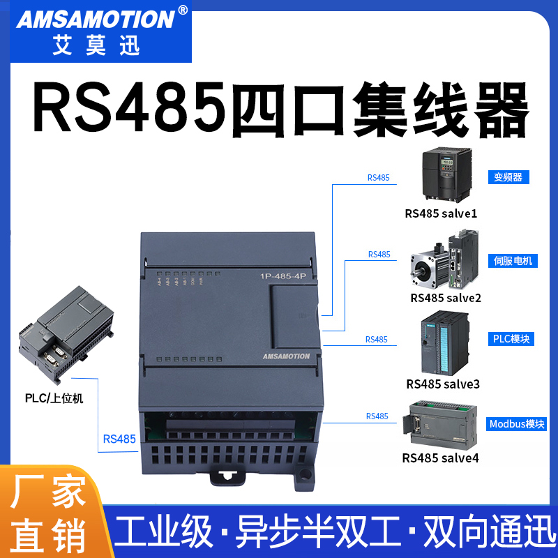 艾莫迅RS485/232集线器转4路485通讯工业级串口扩展模块1P-485-4P